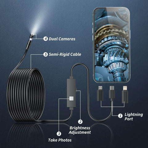 Endoscope Camera with Light,1920P HD Borescope Tools with 8 Adjustable LED Lights, semi-rigid cable, dual-lens, and smartphone