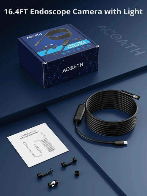 Endoscope Camera with Light, Dual-Lens 1920P HD Borescope, IP67, 16.4ft semi-rigid cable, packaging and accessories.