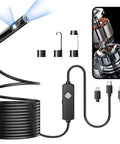 Endoscope with Light, 1920P HD Borescope with 8 Adjustable LED Lights shown with detachable connectors and smartphone display