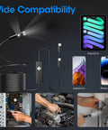 Endoscope with Light, 1920P HD Borescope with 8 Adjustable LED Lights displaying compatibility with devices and inspection uses.