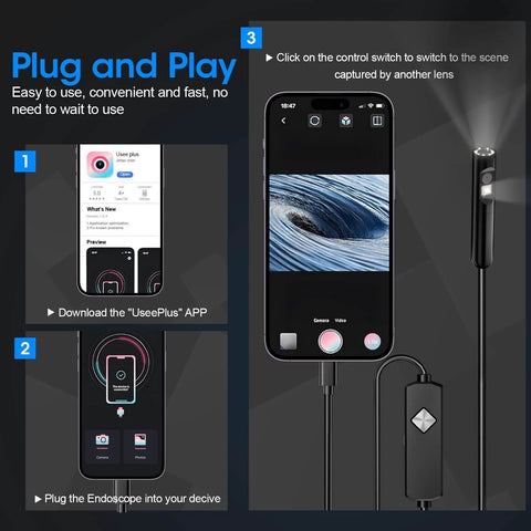 Endoscope with Light, 1920P HD Borescope with app instructions for easy use on iPhone and Android shown on screen