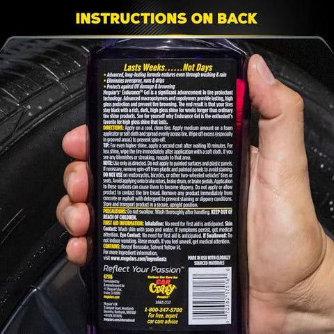 Instruction label of Endurance Tire Gel 16 Oz Purple For A Lasting Gloss Finish, Deep Black And Clean Tires, Weather-Resistant Shine