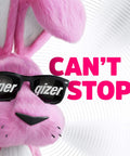 Pink toy rabbit wearing sunglasses with the phrase 'Can't Stop' in bold text against a white background.
