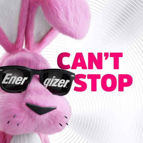Pink toy rabbit wearing sunglasses with the phrase 'Can't Stop' in bold text against a white background.