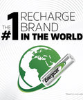 Rechargeable AA Batteries 4 Pack With Up To 12 Year Battery Life, showing global map and battery, highlighting performance.