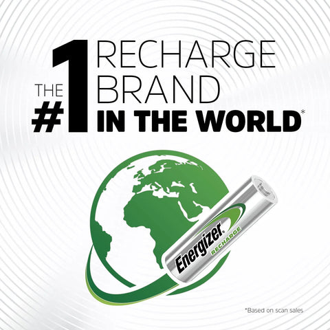 Rechargeable AA Batteries 4 Pack With Up To 12 Year Battery Life, showing global map and battery, highlighting performance.