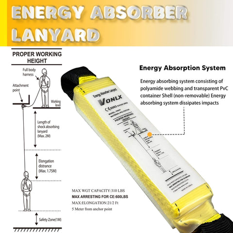 Energy absorber lanyard diagram showing a Fall Protection Safety Rope Kit 50 Ft Heavy Duty Vertical Roofing Rope With Alloy Steel Grab Hooks