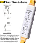 Durable 25 ft rope safety lanyard with energy absorption system and transparent PVC container, diagram showing proper use