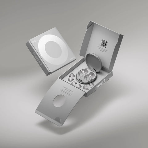 Engage 2 Ear Plugs For Everyday Use With 16 dB Noise Reduction and Clear Speech, shown in open packaging with earplug set and tips.