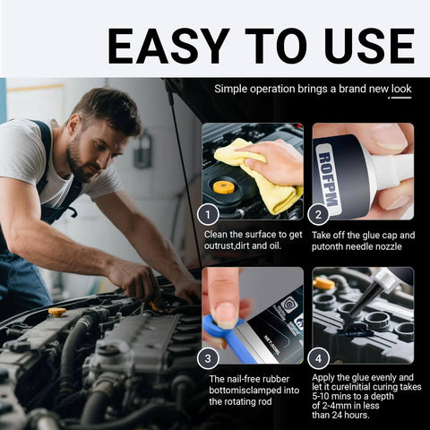 Instructions for using Oil Resistant Engine Silicone Sealant Gasket Maker, Sensor Safe And Flexible RTV Sealant, shown with engine and tools.