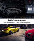 Automobile engine close-up with three cars in a garage, highlighting modern vehicle design and automotive technology.
