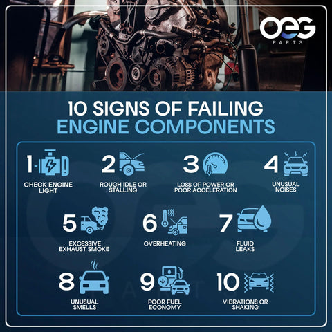Infographic showing 10 signs of failing engine components with images, related to Vacuum Pump Replacement For Dodge Journey Durango Avenger 2011 2014 Charger 2011 2015 Challenger 2011 2013 Ram CV 2012 2014 Direct Fit OEM Equivalent OEG Parts Durable Budget Friendly Upgrade For DIY Mechanics And Pro Shops.