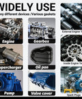 Collage of various automotive parts including engine, gearbox, supercharger, pump, valve cover, and oil pan for gasket use.