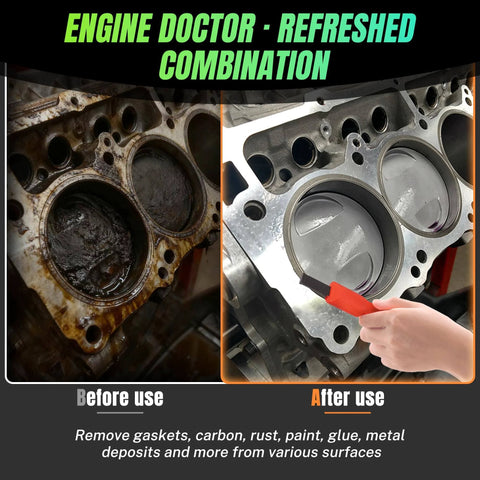 Pro-Grade 3-In-1 Gasket And Sealant Tool Kit With Carbide Scrapers used on engine block for cleaning and sealing.