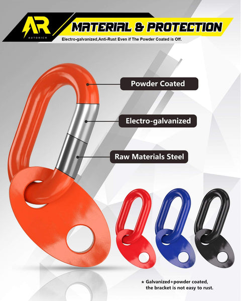 Different colored heavy-duty engine lift brackets, including an orange bracket with galvanized powder coating, shown in front view.