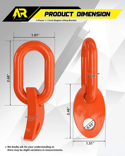 Four Heavy Duty Engine Lift Bracket Set For 5500 Lb Capacity Rust Resistant Engine Support Bars For Lifting Slings And Load Levelers Galvanized Steel With Powder Coat Finish Orange shown with measurements