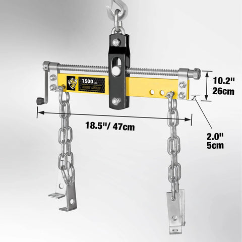 Front view of Engine Load Leveler 1500 lb Capacity for Steel Engine Hoists and Shop Cranes with Adjustable Handle.