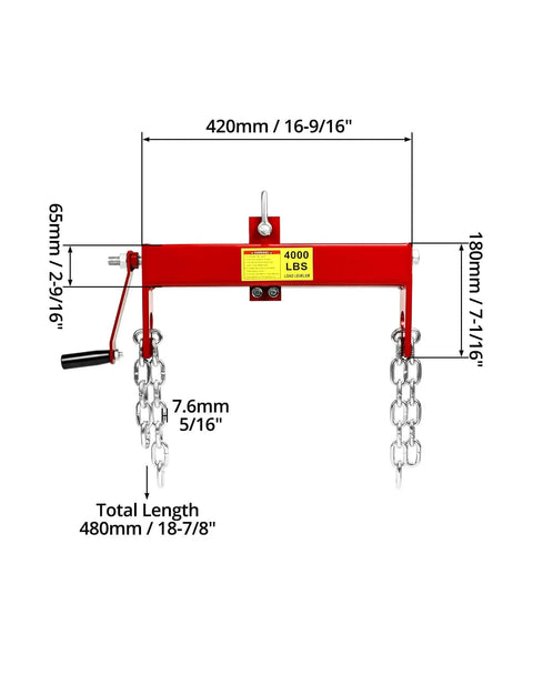 Front view of Engine Load Leveler 4000 Lbs Capacity, Heavy Duty Steel Hoist Leveler With Two Chains, red, with measurements.