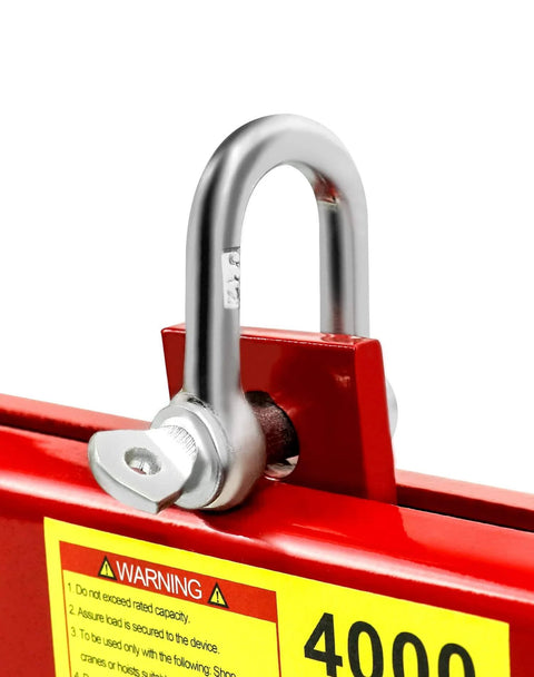 Close-up of Engine Load Leveler 4000 Lbs Capacity, Heavy Duty Steel Hoist Leveler showing shackle attachment, red finish, corrosion resistant.