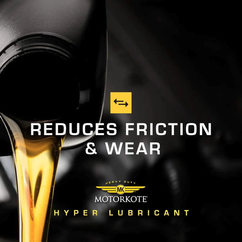 Heavy Duty Hyper Lubricant Engine Treatment For All Oils And Engines 32 Ounce Bottle pouring with text 'Reduces Friction & Wear'