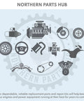 Illustration of automotive and machinery parts, including an engine and chain, featuring Northern Parts Hub logo.