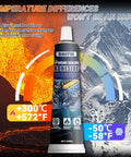 Oil Resistant Engine Silicone Sealant Gasket Maker, Sensor Safe And Flexible RTV Sealant For Engine Gaskets, Tough Vibration Proof And OEM Standard, Two Tubes in front of temperature graphic.