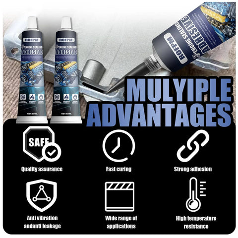Oil Resistant Engine Silicone Sealant Gasket Maker, Sensor Safe And Flexible RTV Sealant For Engine Gaskets, Tough and OEM Standard, Two Tubes, shown with application advantages like fast curing and high temperature resistance