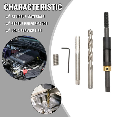 M11 x 1.5 Head Bolt Thread Repair Kit with wire inserts, drill bits, and tools by Saihisday for Kia, Isuzu, Honda, Toyota engine blocks.