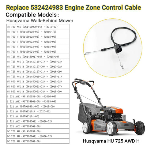 Engine Zone Control Cable Replacement for Husqvarna HU725 AWD H with model compatibility list