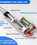 Cutaway view of motorized mechanism showing Acme drill nut, 330lbs motor, lead screw, and gear box, labeled components for durability.
