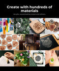 Collage showing projects using 55W CO2 Laser Cutter And Engraver Desktop Machine for engraving on wood, acrylic, and leather.