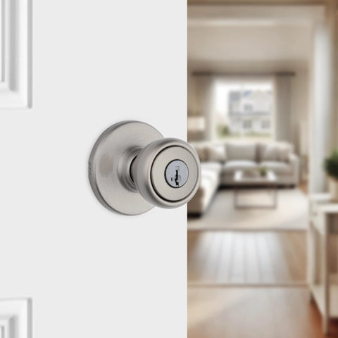 Tylo Entry Door Knob With Lock And Key For Exterior And Interior Doors Secure Keyed Handle For Front Entrance And Bedroom Satin Nickel Finish