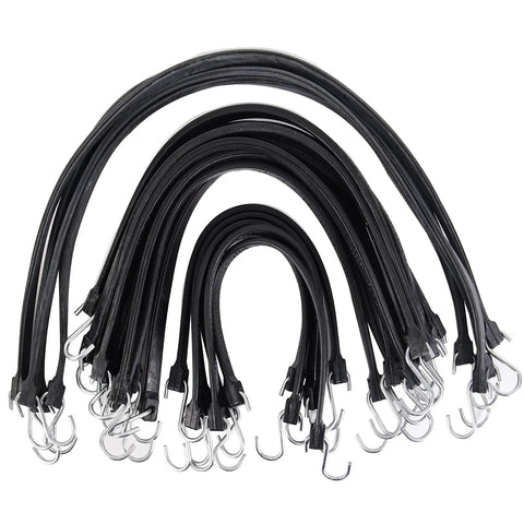 Assorted 20 Pack Natural Rubber Tarp Bungee Straps With S Hooks, various lengths, heavy duty tie down cords for canopies and cargo