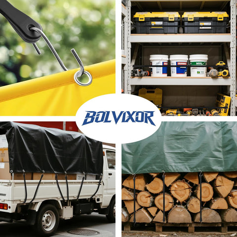 Heavy Duty Bungee Cords With Hooks Set EPDM Rubber Tarp Straps in use on truck, tools, and tarps outdoors and indoors