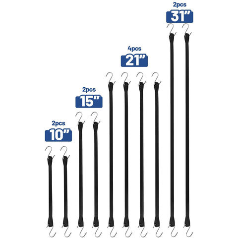Heavy Duty Bungee Cords With Hooks Set EPDM Rubber Tarp Straps 10 15 21 31 Inch Max Stretch 2x Load for Cargo