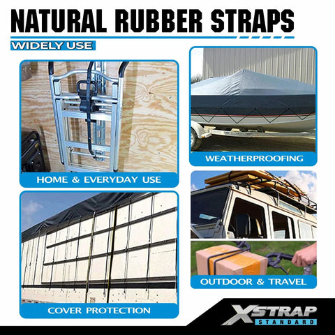 Collage showcasing uses of 20 Pack Natural Rubber Tarp Bungee Straps With S Hooks Heavy Duty Tie Down Cords for tarps and cargo