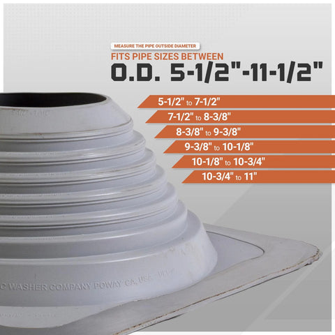 Square EPDM Metal Roof Pipe Flashing Boot Fits 5-1/2 to 11-1/2 Inch Pipe OD Gray 14 Inch Base Made In USA weatherproof seal