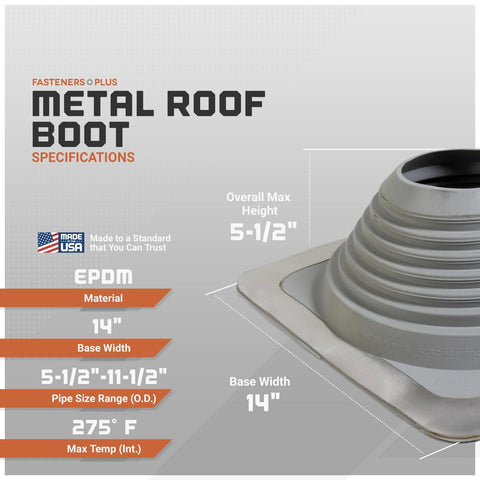 Square EPDM Metal Roof Pipe Flashing Boot Fits 5-1/2 to 11-1/2 Inch Pipe OD Gray 14 Inch Base Made In USA with specifications