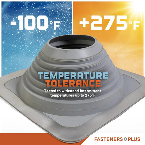 Square EPDM Metal Roof Pipe Flashing Boot Fits 5-1/2 to 11-1/2 Inch Pipe OD Gray 14 Inch Base Made In USA image with temperature tolerance info.