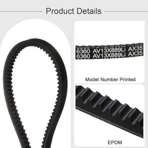 Detailed view of EPDM belt showing model number AV13X889Li and specifications