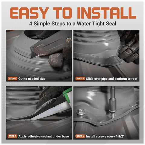 Step-by-step installation of Square EPDM Metal Roof Pipe Flashing Boot Fits 5-1/2 to 11-1/2 Inch Pipe OD Gray 14 Inch Base Made In USA