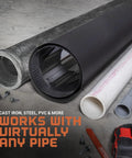 Various pipes next to tools demonstrating diverse applications for square EPDM metal roof pipe flashing boot, fits 5-1/2 to 11-1/2 inch pipe OD gray 14 inch base made in USA weatherproof roof penetration seal with 212F continuous and 275F intermittent temperature rating.
