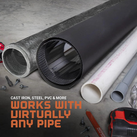 Various pipes next to tools demonstrating diverse applications for square EPDM metal roof pipe flashing boot, fits 5-1/2 to 11-1/2 inch pipe OD gray 14 inch base made in USA weatherproof roof penetration seal with 212F continuous and 275F intermittent temperature rating.