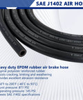 Close-up view of heavy duty air brake hose made of EPDM rubber with SAE J1402 specifications, suitable for semi truck use.