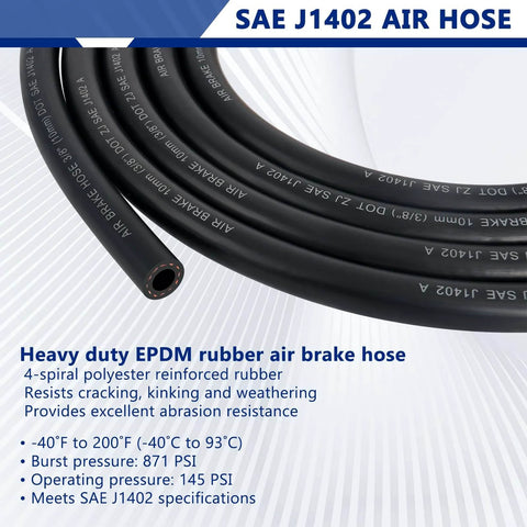 Close-up view of heavy duty air brake hose made of EPDM rubber with SAE J1402 specifications, suitable for semi truck use.
