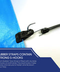 15 Inch EPDM Rubber Tarp Straps With S Hooks Heavy Duty Bungee Cords for securing tarps, shown clamping a blue tarp
