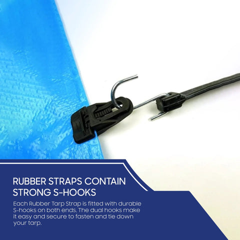 15 Inch EPDM Rubber Tarp Straps With S Hooks Heavy Duty Bungee Cords for securing tarps, shown clamping a blue tarp