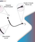 Diagram of 15 Inch EPDM Rubber Tarp Straps with S Hooks highlighting material and dimensions in black, 50 pack