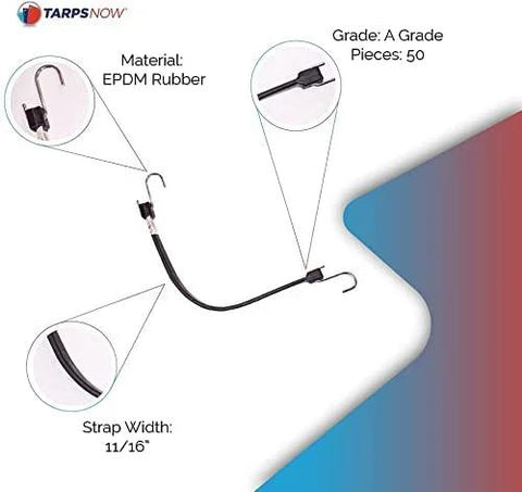 Diagram of 15 Inch EPDM Rubber Tarp Straps with S Hooks highlighting material and dimensions in black, 50 pack