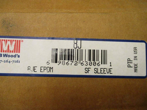 Box with barcode labeled "RJE EPDM SF Sleeve" from TB Wood's, indicating Heavy Duty Sleeve Coupling Insert EPDM Rubber for motors.